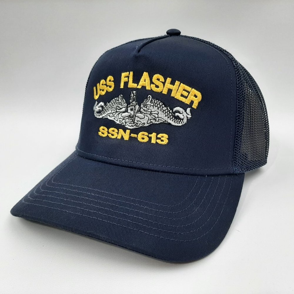 USS Flasher SSN-613 Mesh Snapback Cap Hat Navy Blue Boat Submarine Embroidered